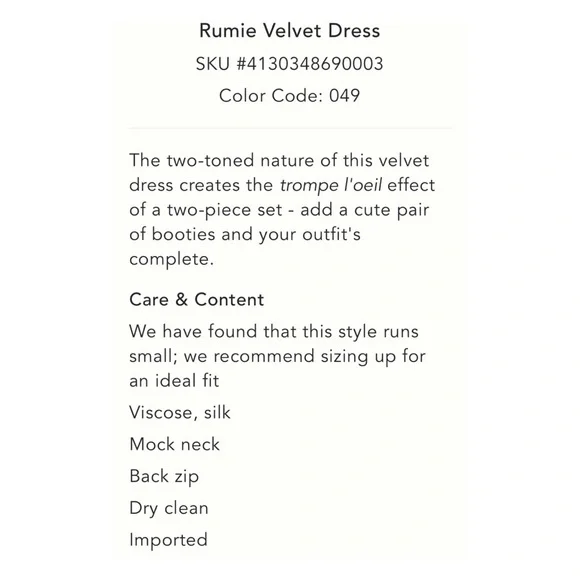 NWOT Rumie Velvet Midi DressSize 6